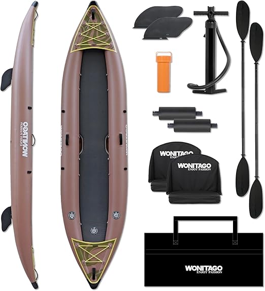 Caiaque inflável de PVC com piso de ponto de gota, caiaque de turismo recreativo com pá de caiaque, bomba de mão e bolsa de transporte, 1-2 pessoas